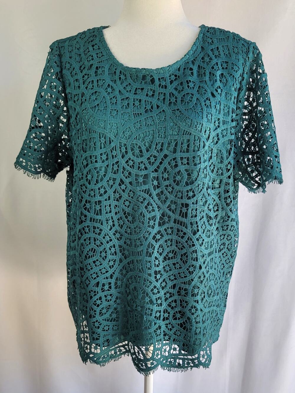 PHILOSOPHY Republic Clothing Teal Green Lined Lace Shell Short Sleeve Top Size L